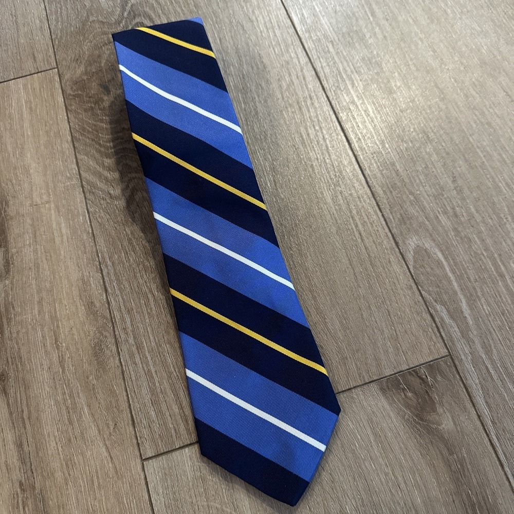Polo Ralph Lauren Blue Navy White Yellow Bias Stripe Handmade Silk Necktie Italy